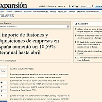 El importe de fusiones y adquisiciones de empresas en Espaa aument un 10,59% interanual hasta abril